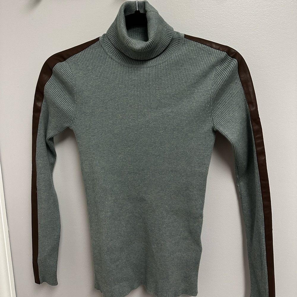 RALPH LAUREN Faux Leather Trim Turtleneck